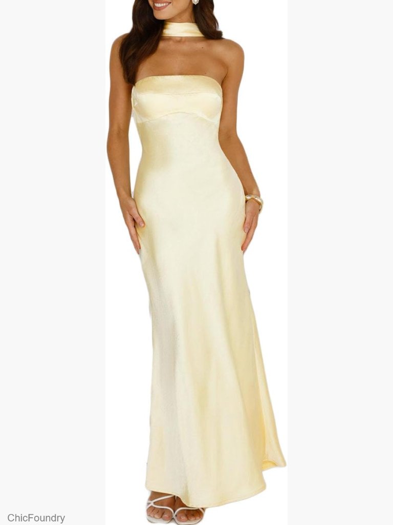 Strapless Satin Maxi Dress With Draped Back Formal
